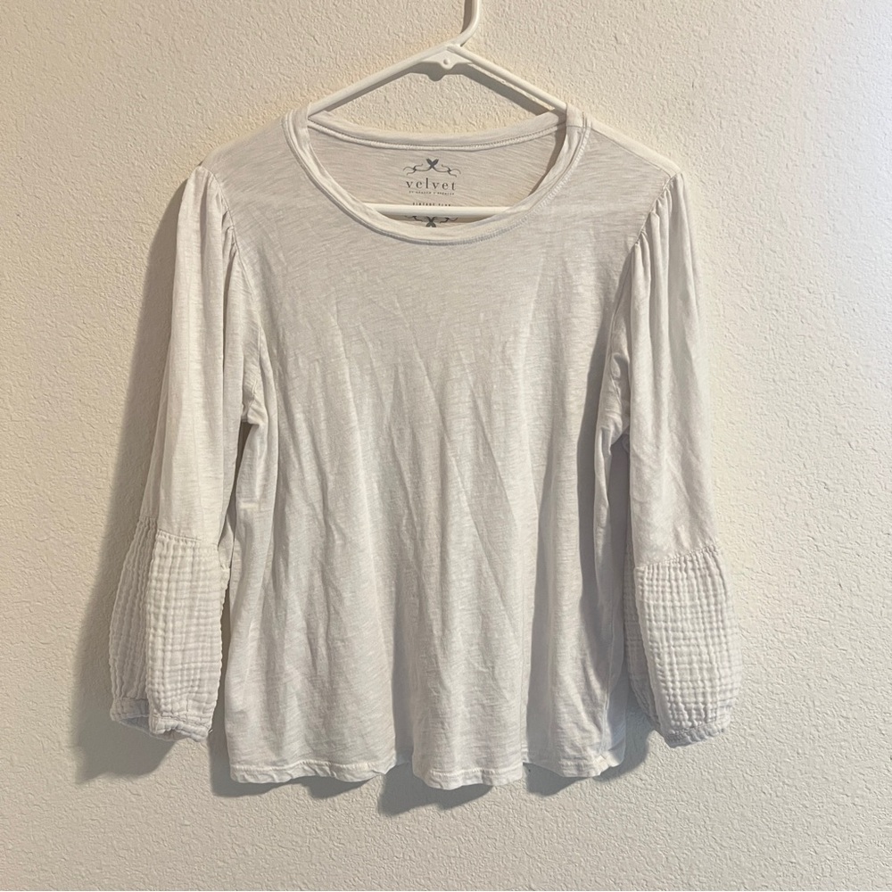 Velvet Graham Spencer White Long Sleeve Cotton Top Textured Cuffs M